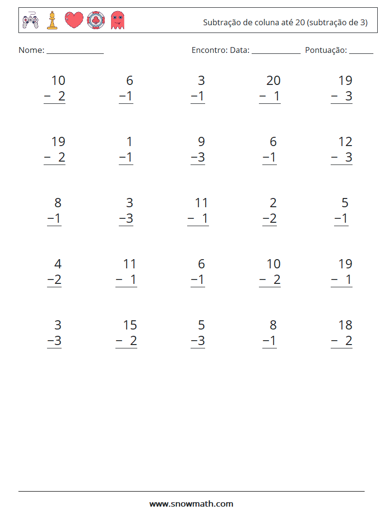 (25) Subtração de coluna até 20 (subtração de 3) planilhas matemáticas 1