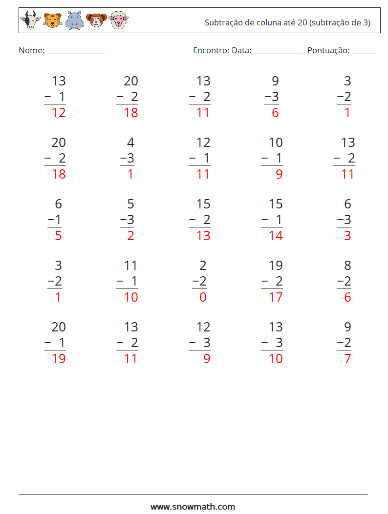 (25) Subtração de coluna até 20 (subtração de 3) planilhas matemáticas 11 Pergunta, Resposta