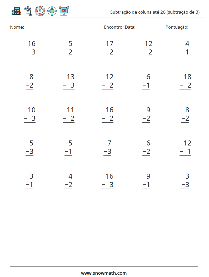 (25) Subtração de coluna até 20 (subtração de 3) planilhas matemáticas 12