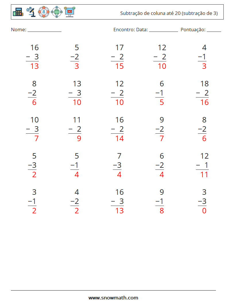 (25) Subtração de coluna até 20 (subtração de 3) planilhas matemáticas 12 Pergunta, Resposta