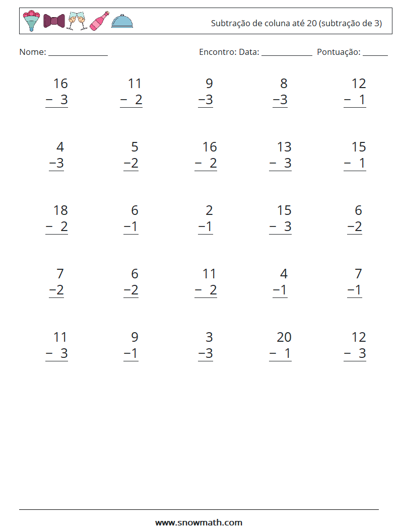 (25) Subtração de coluna até 20 (subtração de 3) planilhas matemáticas 13