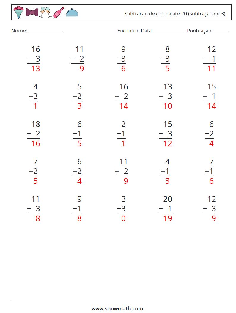 (25) Subtração de coluna até 20 (subtração de 3) planilhas matemáticas 13 Pergunta, Resposta