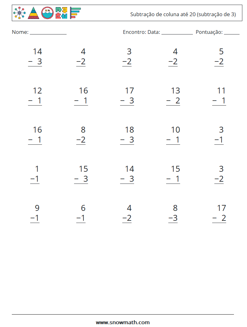 (25) Subtração de coluna até 20 (subtração de 3) planilhas matemáticas 14