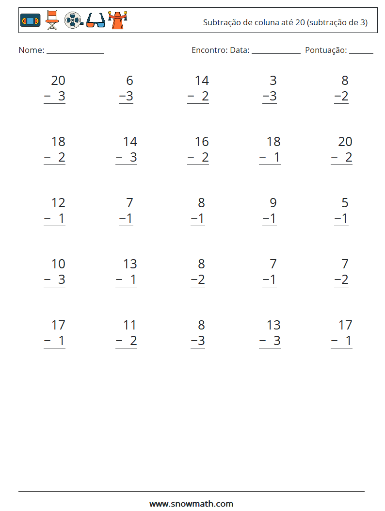 (25) Subtração de coluna até 20 (subtração de 3) planilhas matemáticas 15