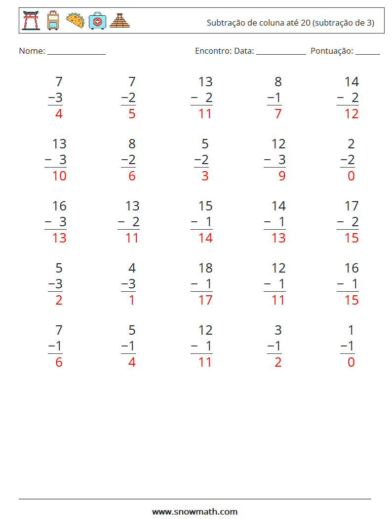 (25) Subtração de coluna até 20 (subtração de 3) planilhas matemáticas 17 Pergunta, Resposta