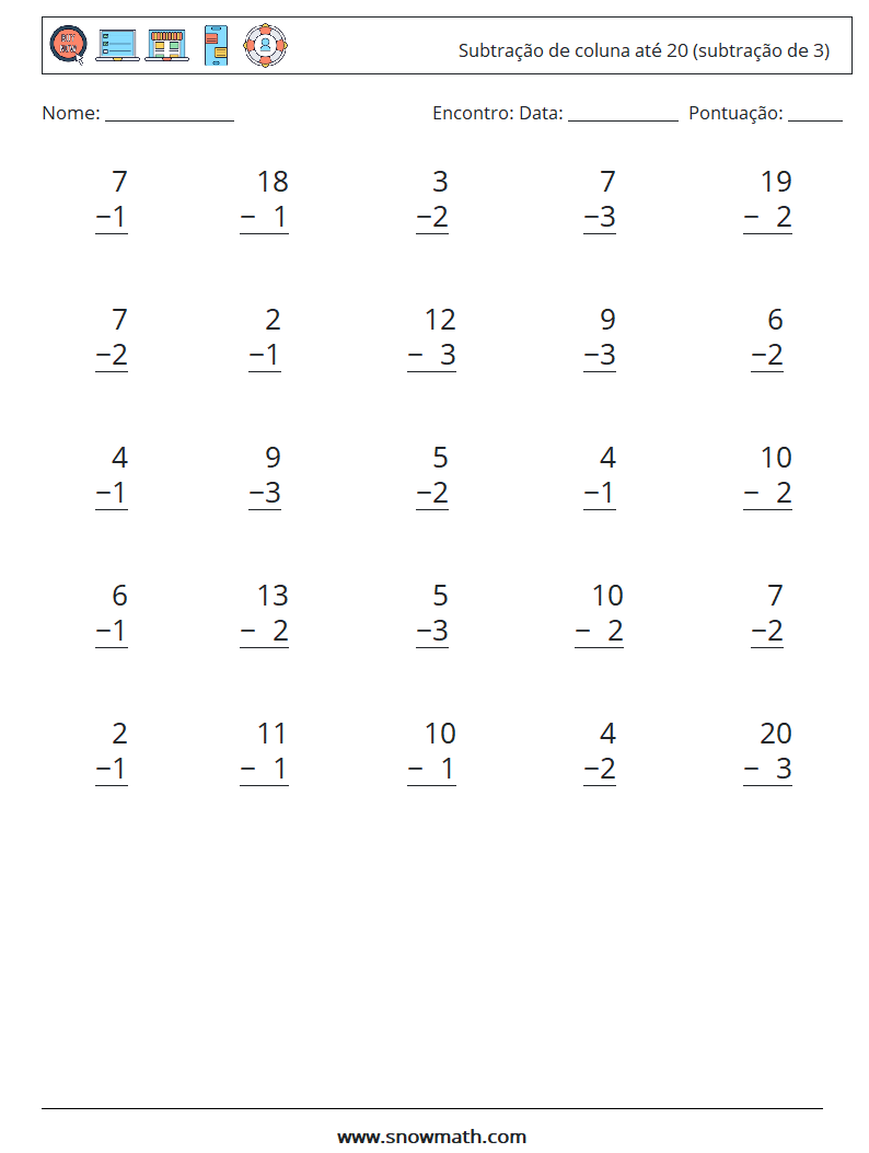 (25) Subtração de coluna até 20 (subtração de 3) planilhas matemáticas 18