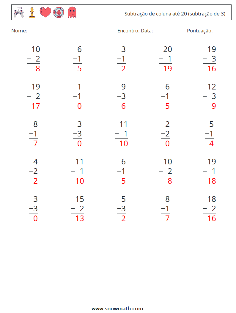 (25) Subtração de coluna até 20 (subtração de 3) planilhas matemáticas 1 Pergunta, Resposta