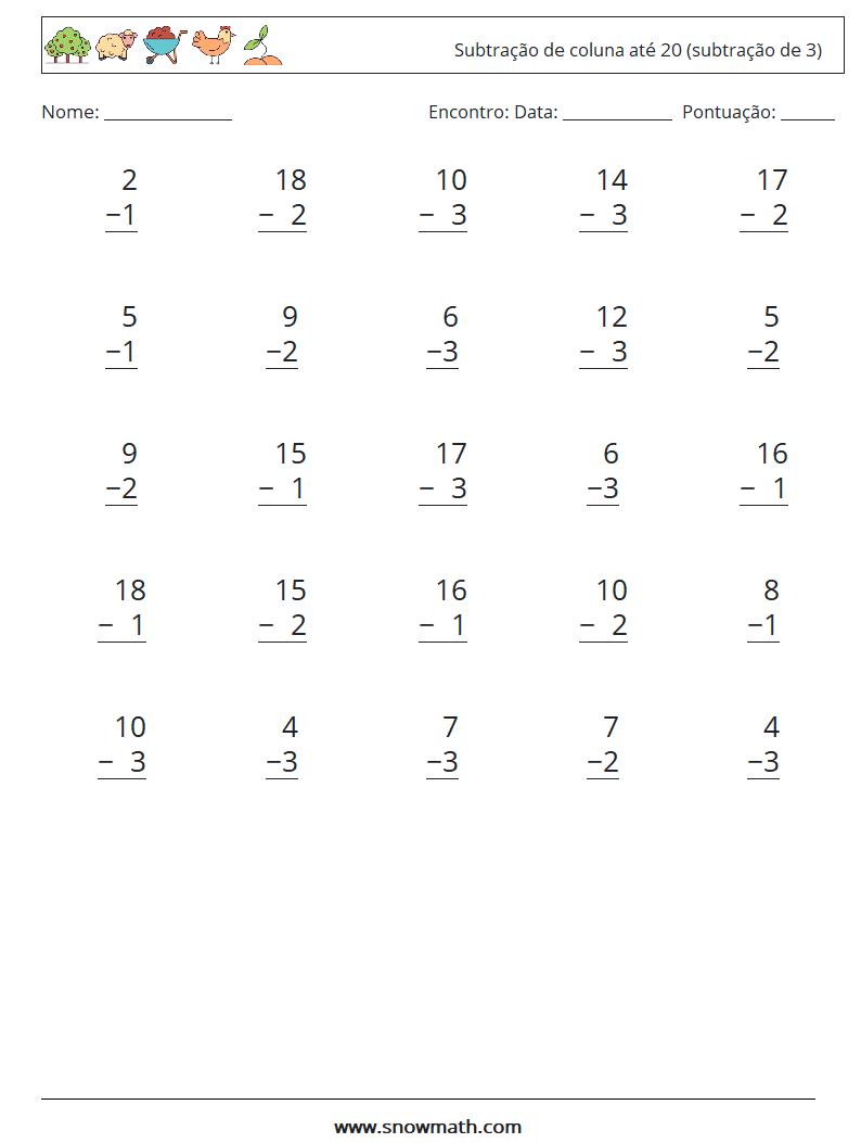 (25) Subtração de coluna até 20 (subtração de 3) planilhas matemáticas 2