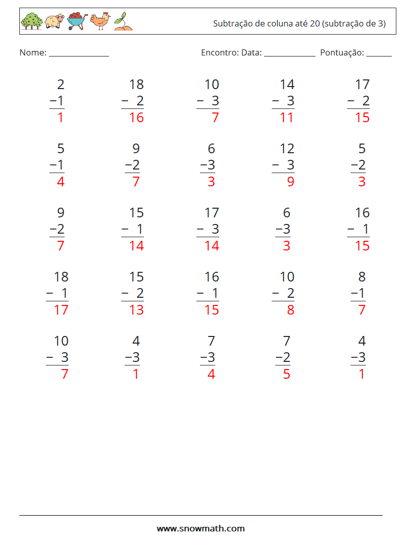 (25) Subtração de coluna até 20 (subtração de 3) planilhas matemáticas 2 Pergunta, Resposta