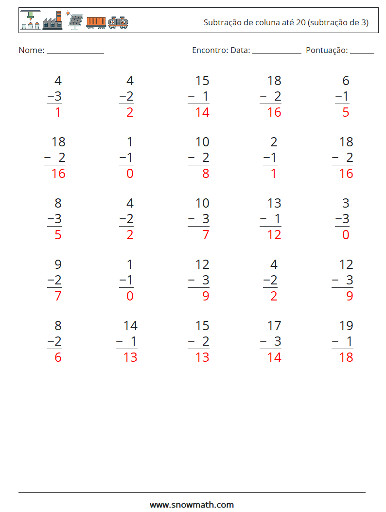 (25) Subtração de coluna até 20 (subtração de 3) planilhas matemáticas 3 Pergunta, Resposta