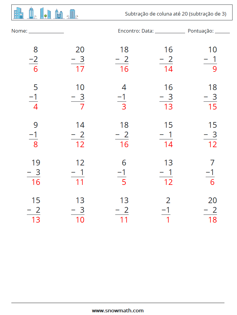 (25) Subtração de coluna até 20 (subtração de 3) planilhas matemáticas 4 Pergunta, Resposta