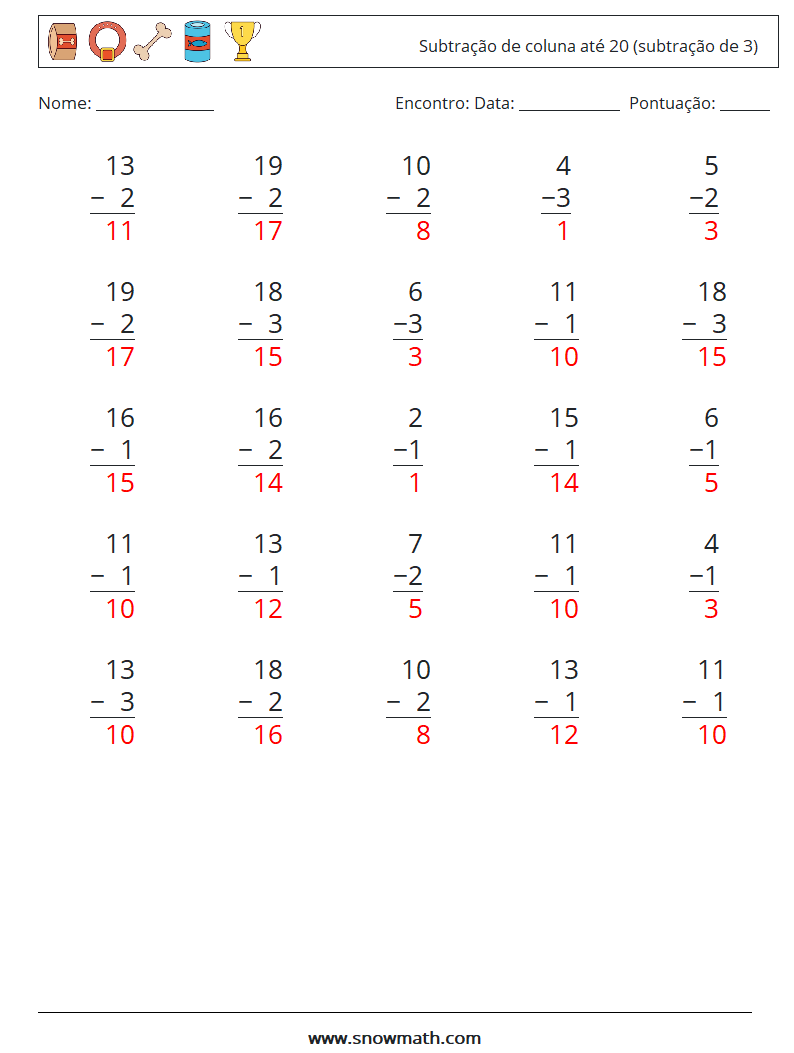 (25) Subtração de coluna até 20 (subtração de 3) planilhas matemáticas 5 Pergunta, Resposta