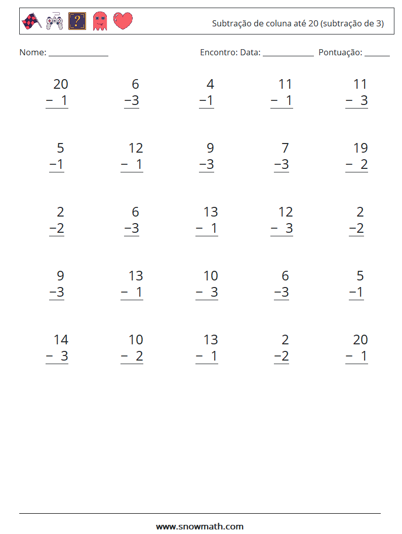 (25) Subtração de coluna até 20 (subtração de 3) planilhas matemáticas 6