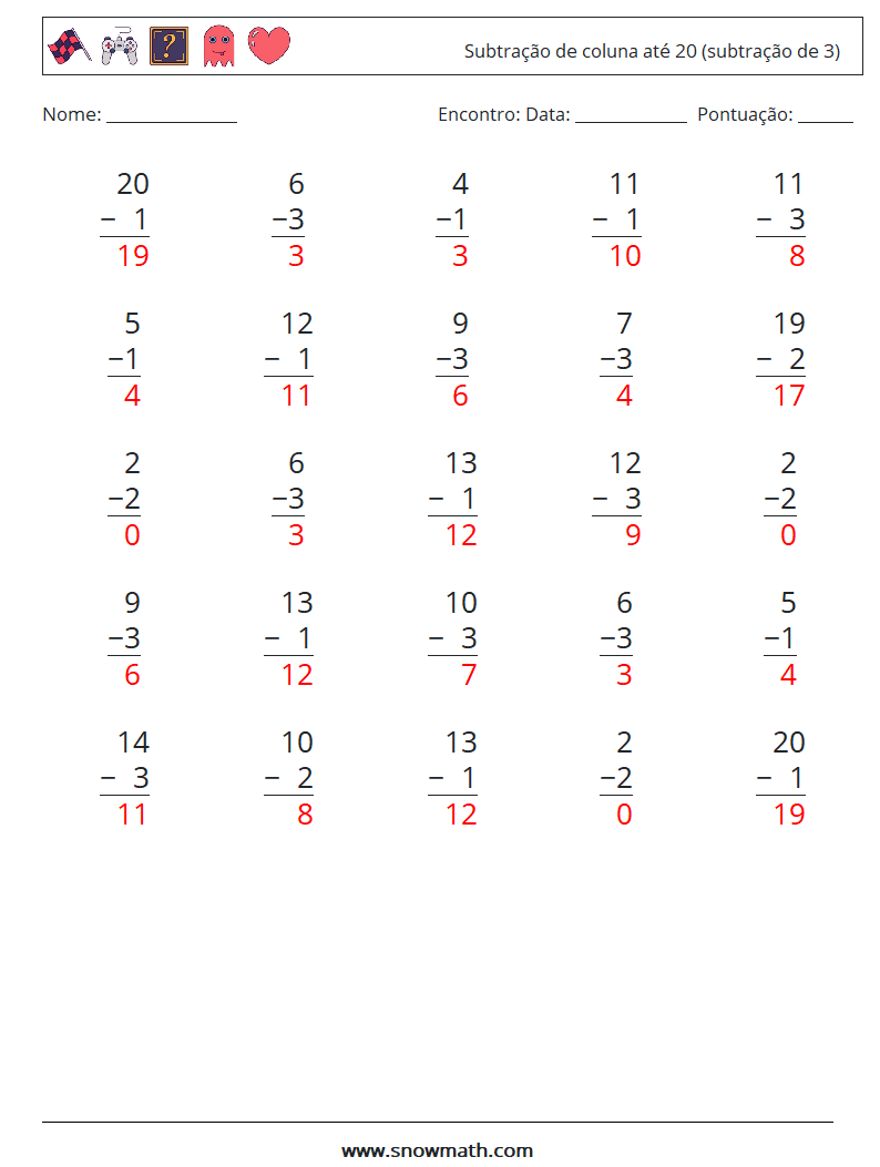 (25) Subtração de coluna até 20 (subtração de 3) planilhas matemáticas 6 Pergunta, Resposta