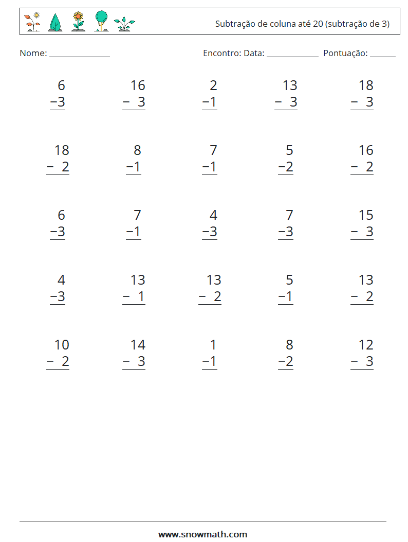 (25) Subtração de coluna até 20 (subtração de 3) planilhas matemáticas 7