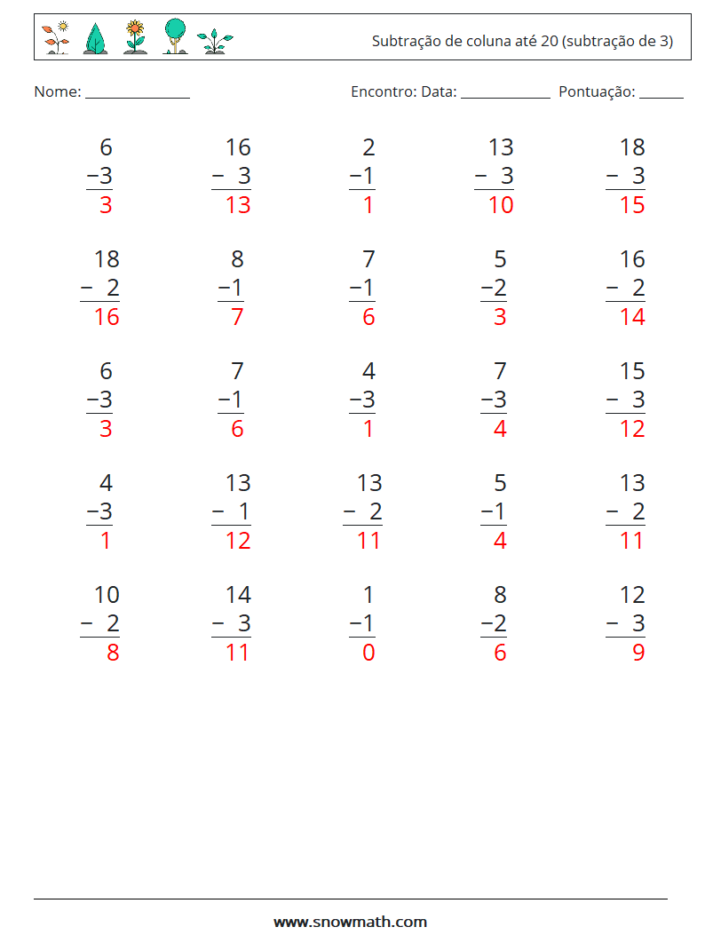 (25) Subtração de coluna até 20 (subtração de 3) planilhas matemáticas 7 Pergunta, Resposta