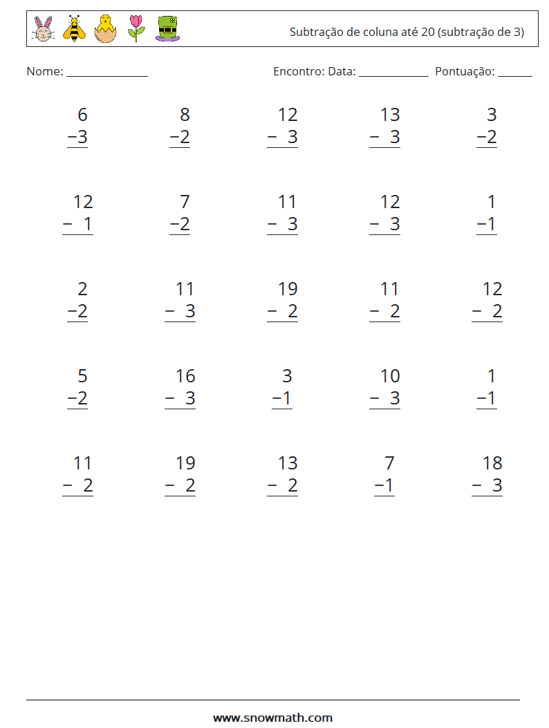 (25) Subtração de coluna até 20 (subtração de 3) planilhas matemáticas 8