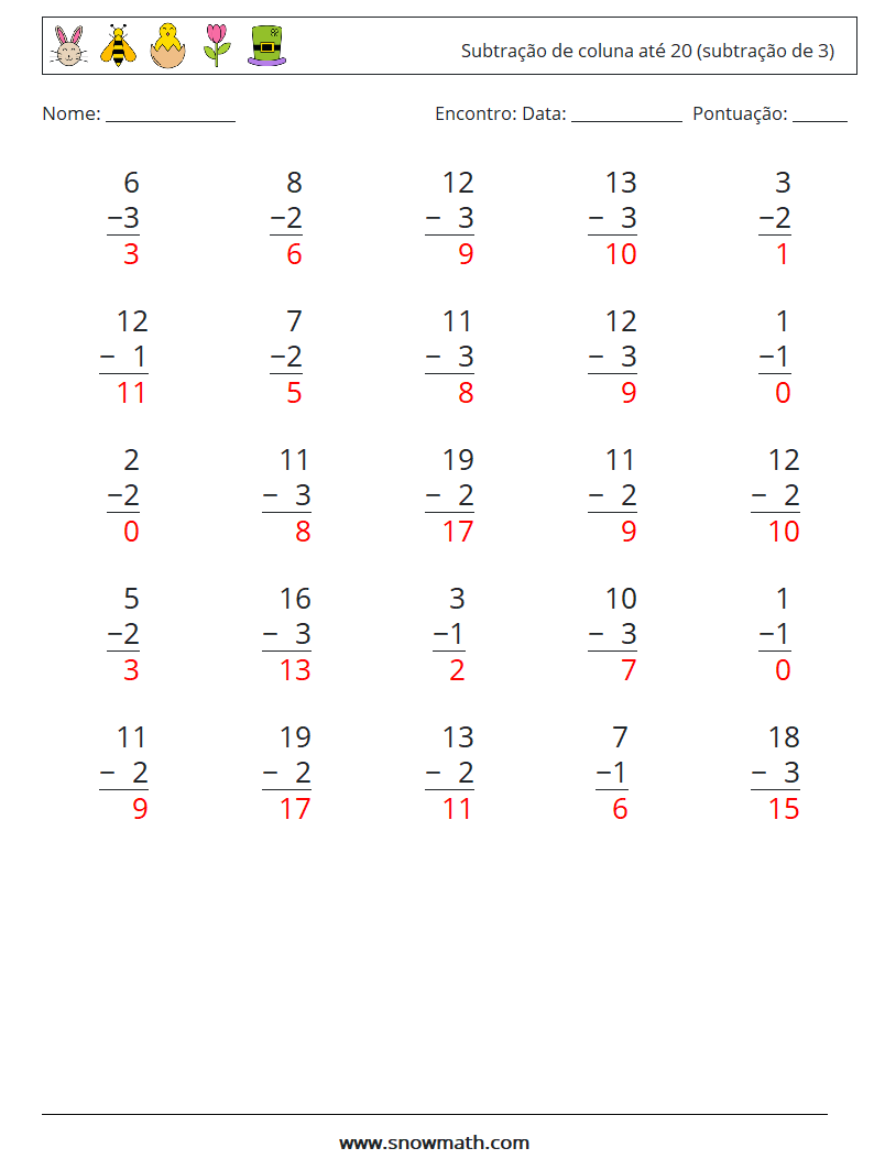 (25) Subtração de coluna até 20 (subtração de 3) planilhas matemáticas 8 Pergunta, Resposta