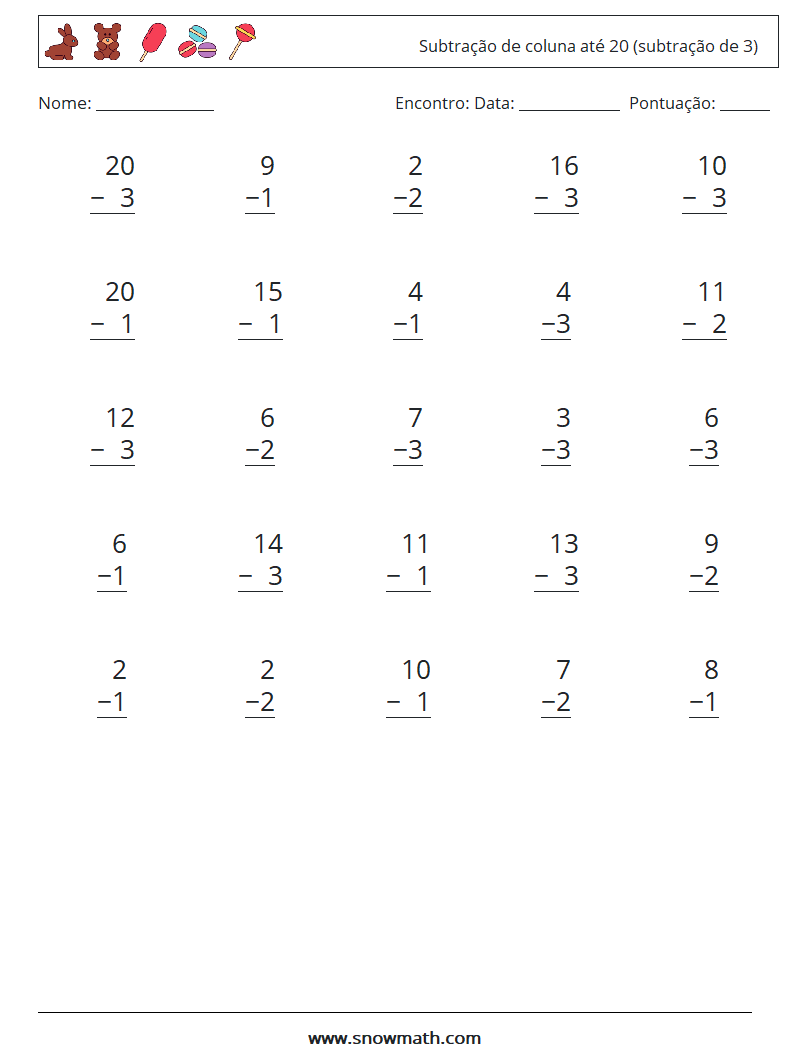 (25) Subtração de coluna até 20 (subtração de 3) planilhas matemáticas 9