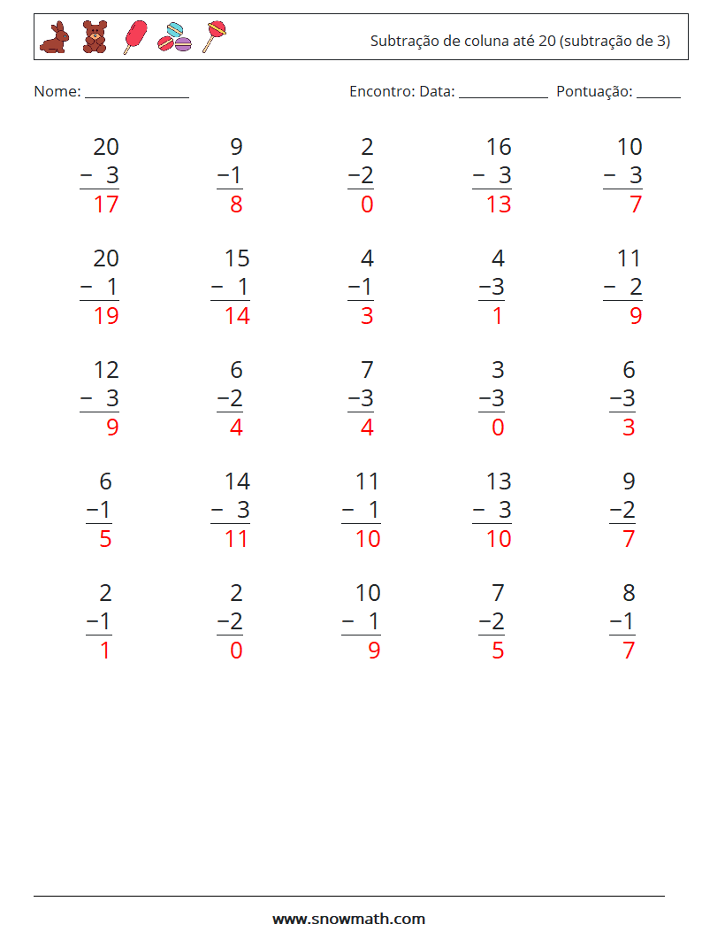 (25) Subtração de coluna até 20 (subtração de 3) planilhas matemáticas 9 Pergunta, Resposta