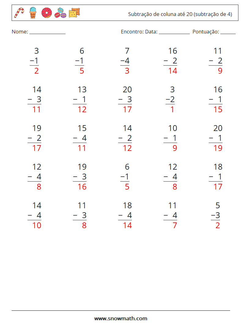 (25) Subtração de coluna até 20 (subtração de 4) planilhas matemáticas 10 Pergunta, Resposta