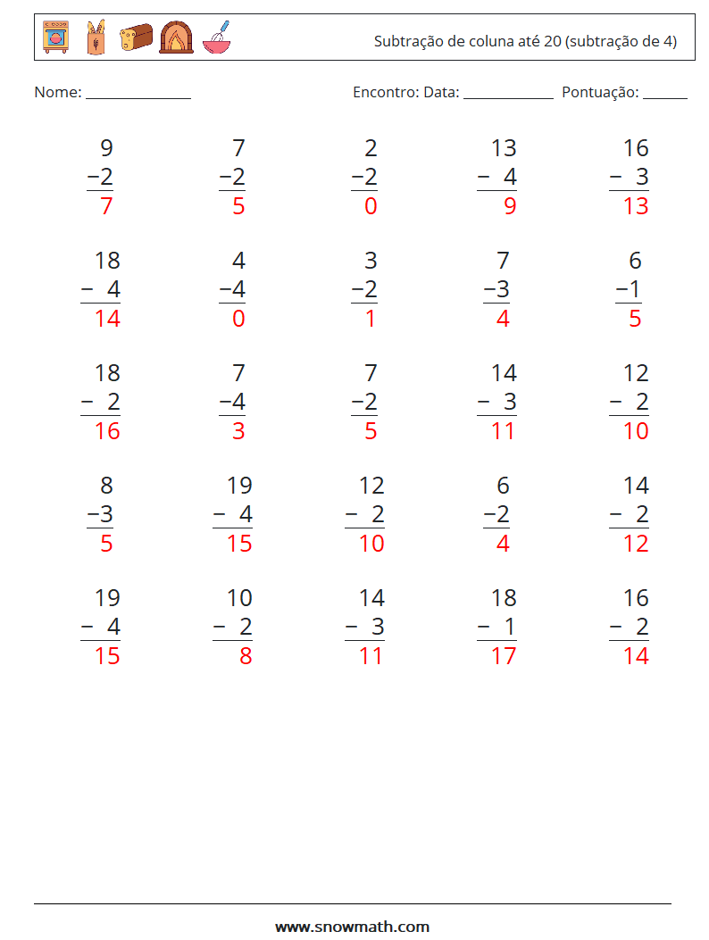 (25) Subtração de coluna até 20 (subtração de 4) planilhas matemáticas 11 Pergunta, Resposta