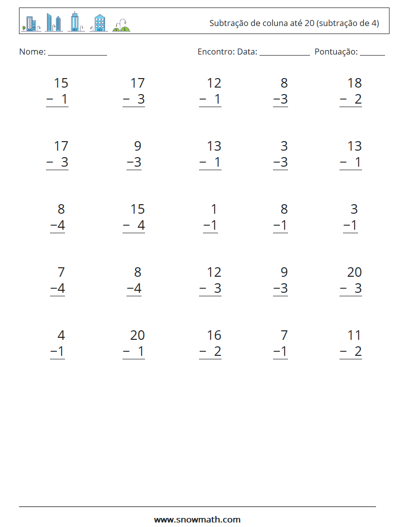 (25) Subtração de coluna até 20 (subtração de 4) planilhas matemáticas 12