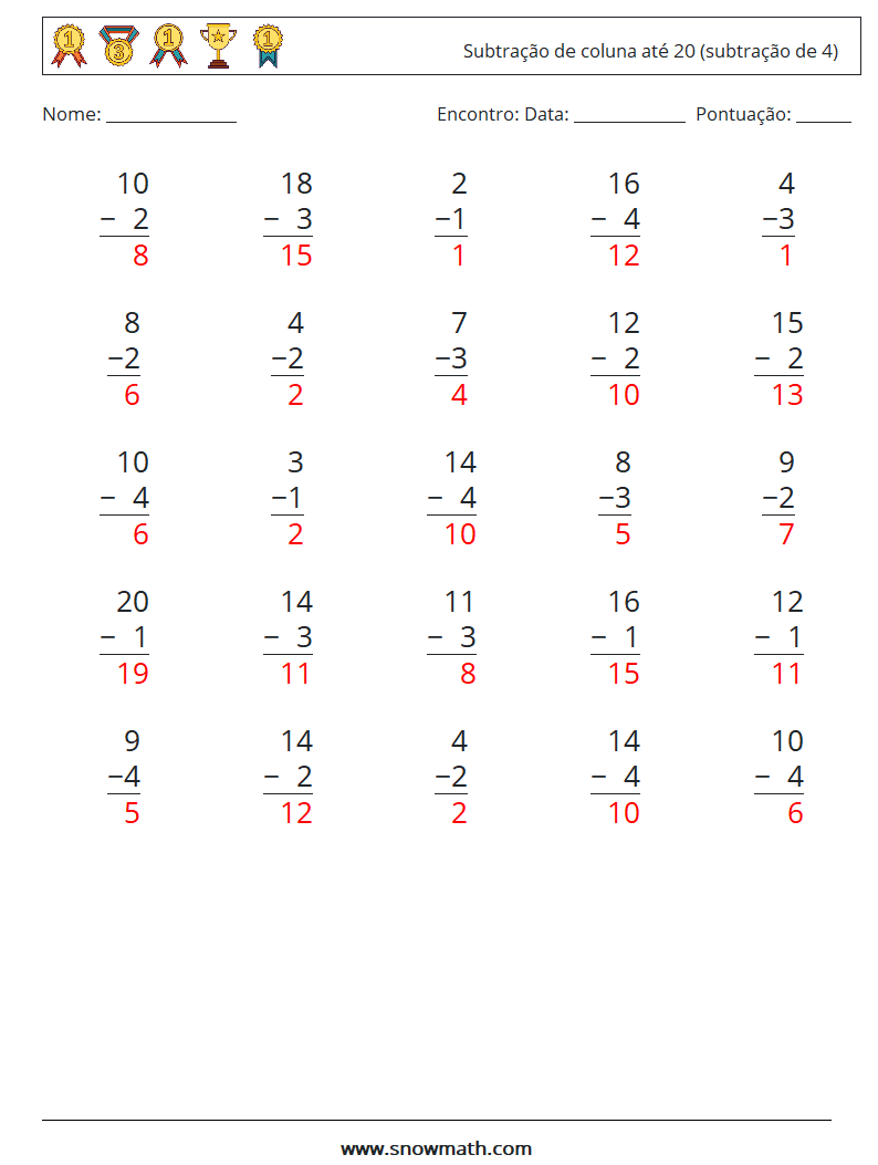 (25) Subtração de coluna até 20 (subtração de 4) planilhas matemáticas 13 Pergunta, Resposta