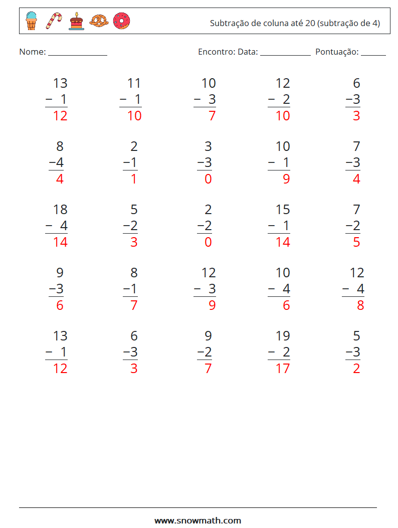 (25) Subtração de coluna até 20 (subtração de 4) planilhas matemáticas 14 Pergunta, Resposta