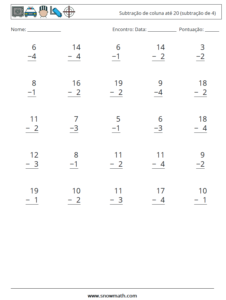 (25) Subtração de coluna até 20 (subtração de 4) planilhas matemáticas 15