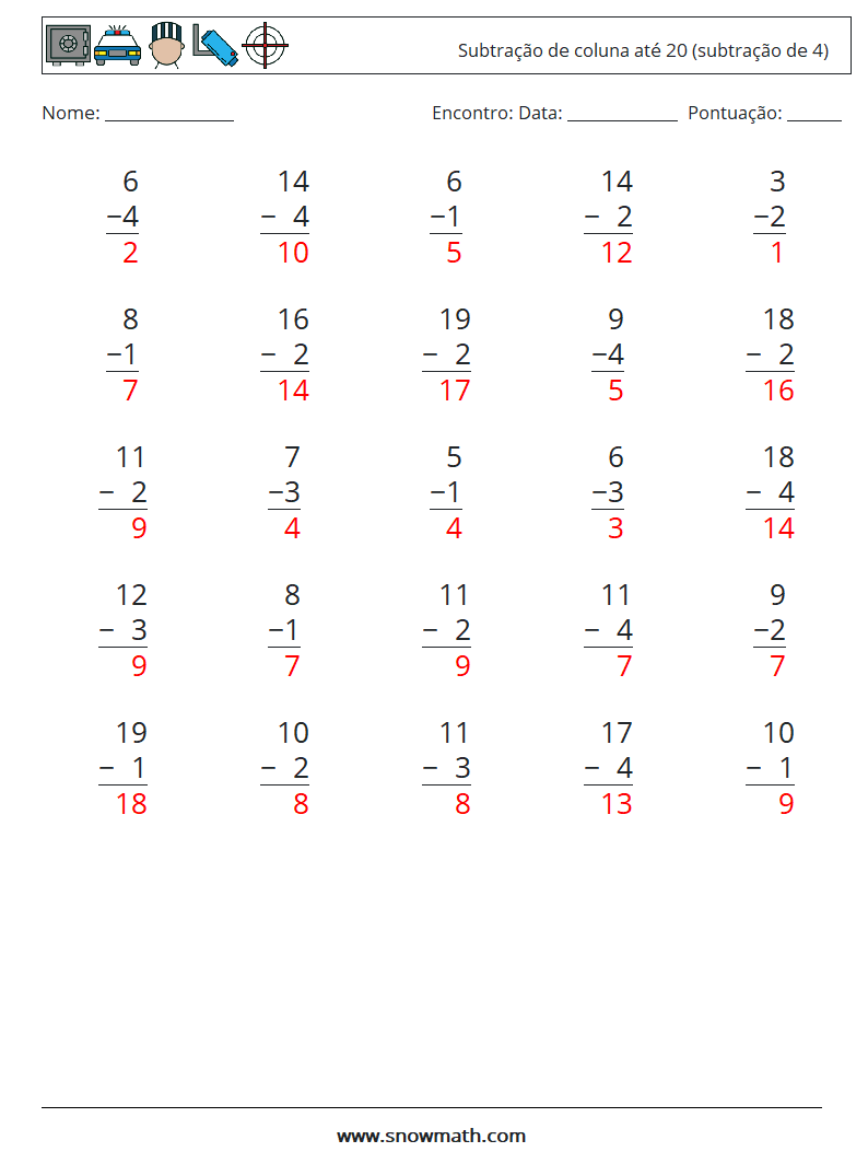 (25) Subtração de coluna até 20 (subtração de 4) planilhas matemáticas 15 Pergunta, Resposta