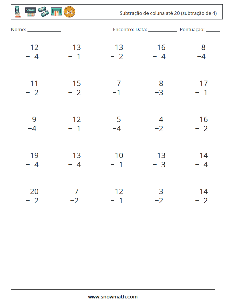 (25) Subtração de coluna até 20 (subtração de 4) planilhas matemáticas 16