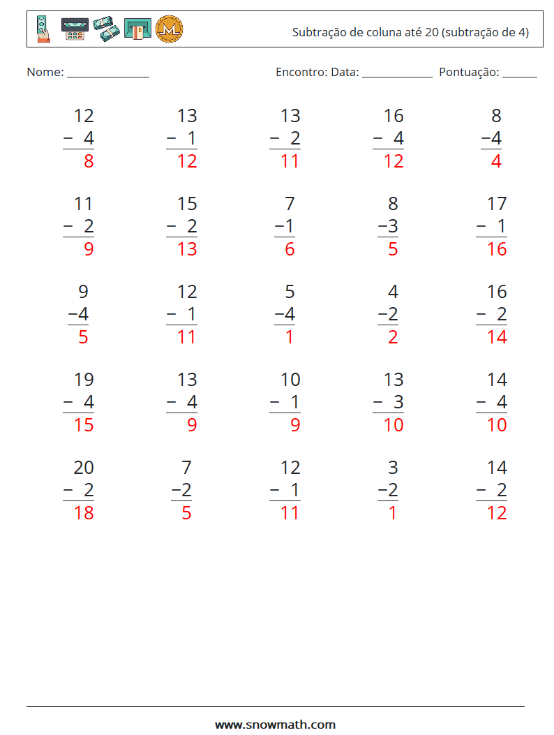 (25) Subtração de coluna até 20 (subtração de 4) planilhas matemáticas 16 Pergunta, Resposta