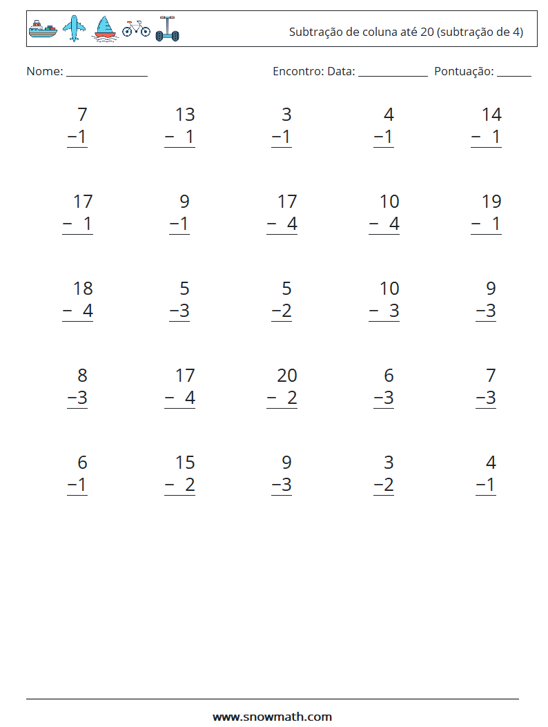 (25) Subtração de coluna até 20 (subtração de 4) planilhas matemáticas 17