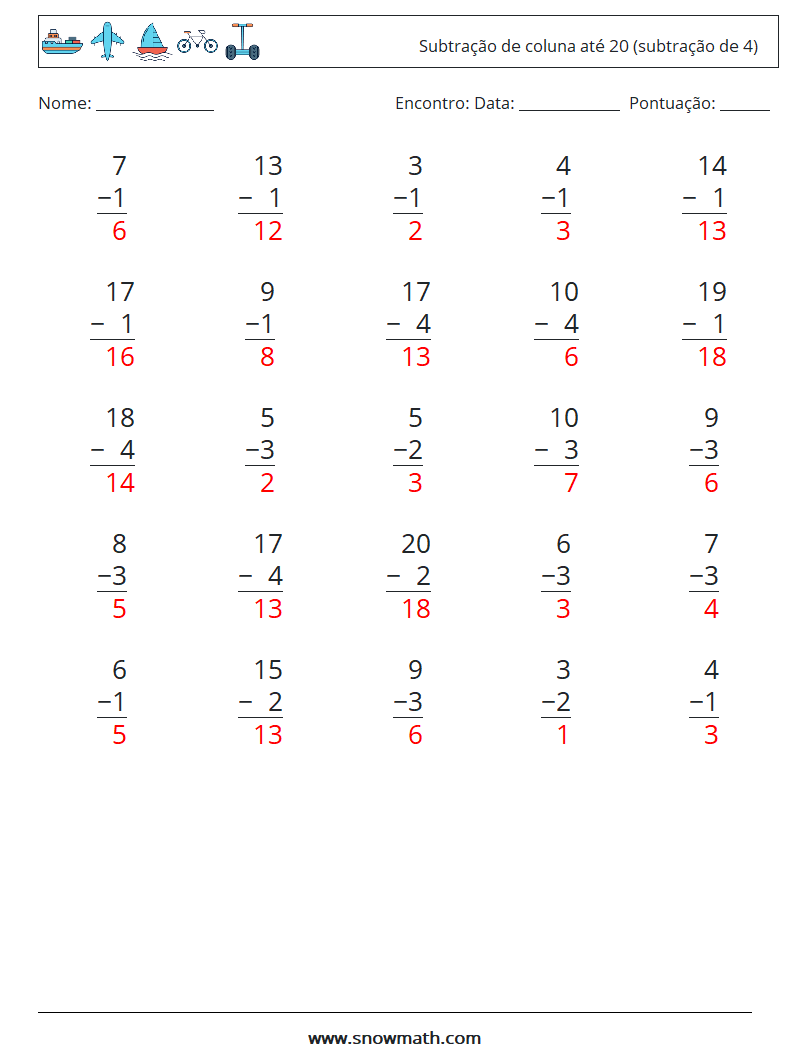 (25) Subtração de coluna até 20 (subtração de 4) planilhas matemáticas 17 Pergunta, Resposta