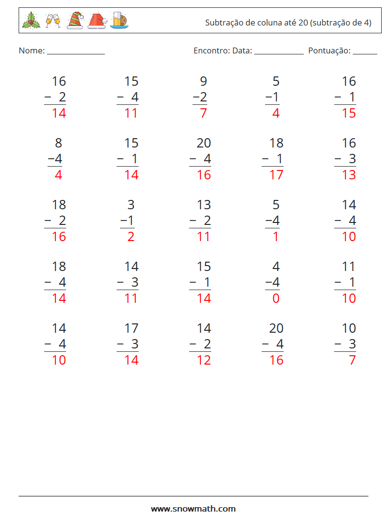 (25) Subtração de coluna até 20 (subtração de 4) planilhas matemáticas 18 Pergunta, Resposta