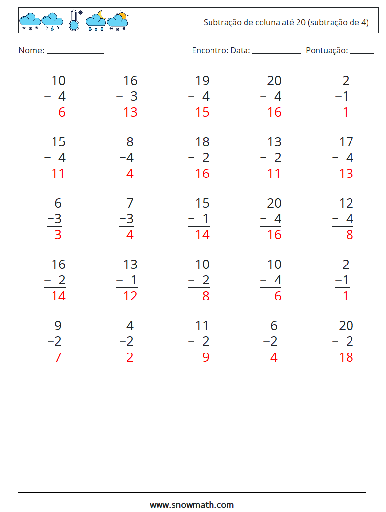 (25) Subtração de coluna até 20 (subtração de 4) planilhas matemáticas 1 Pergunta, Resposta