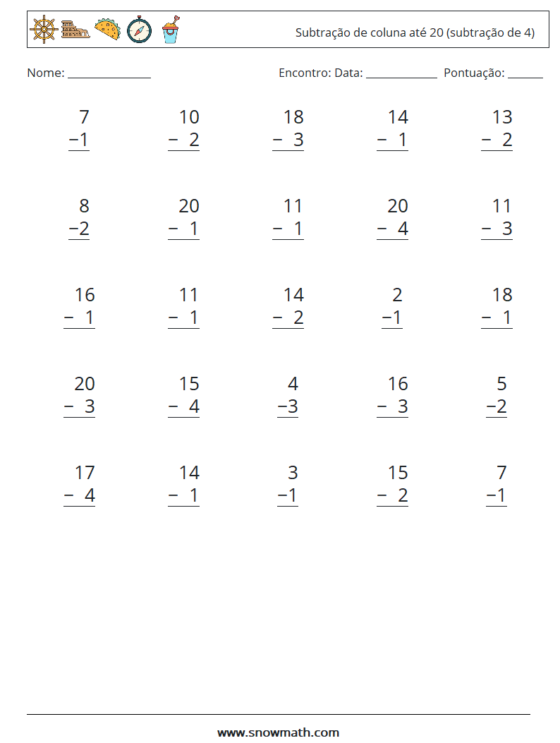 (25) Subtração de coluna até 20 (subtração de 4) planilhas matemáticas 2