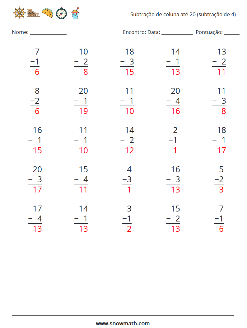 (25) Subtração de coluna até 20 (subtração de 4) planilhas matemáticas 2 Pergunta, Resposta