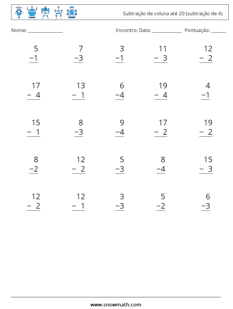 (25) Subtração de coluna até 20 (subtração de 4) planilhas matemáticas 3