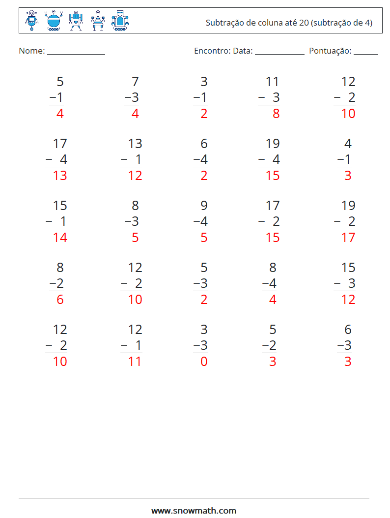 (25) Subtração de coluna até 20 (subtração de 4) planilhas matemáticas 3 Pergunta, Resposta