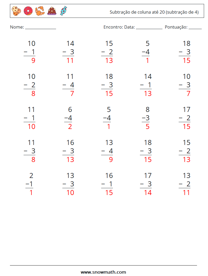 (25) Subtração de coluna até 20 (subtração de 4) planilhas matemáticas 4 Pergunta, Resposta