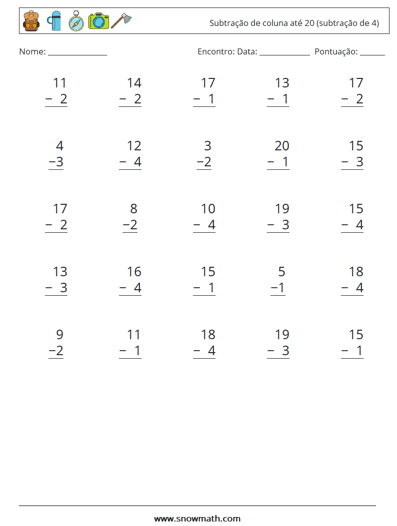 (25) Subtração de coluna até 20 (subtração de 4) planilhas matemáticas 5