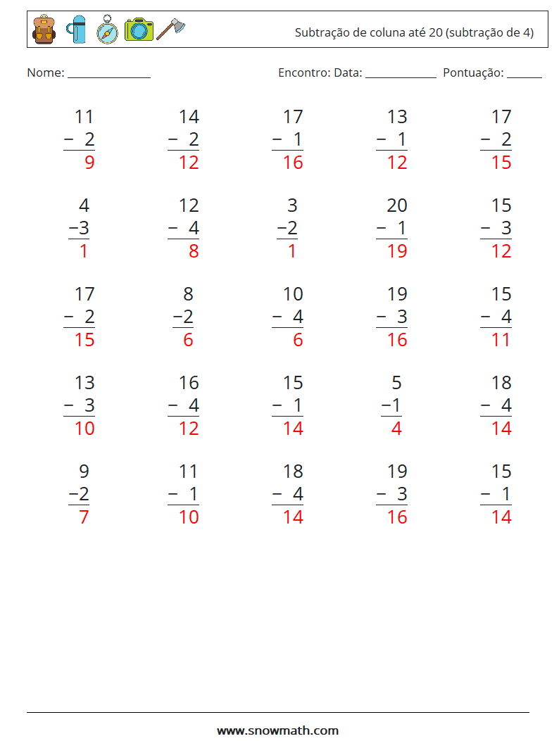 (25) Subtração de coluna até 20 (subtração de 4) planilhas matemáticas 5 Pergunta, Resposta