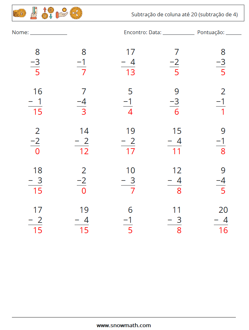 (25) Subtração de coluna até 20 (subtração de 4) planilhas matemáticas 6 Pergunta, Resposta