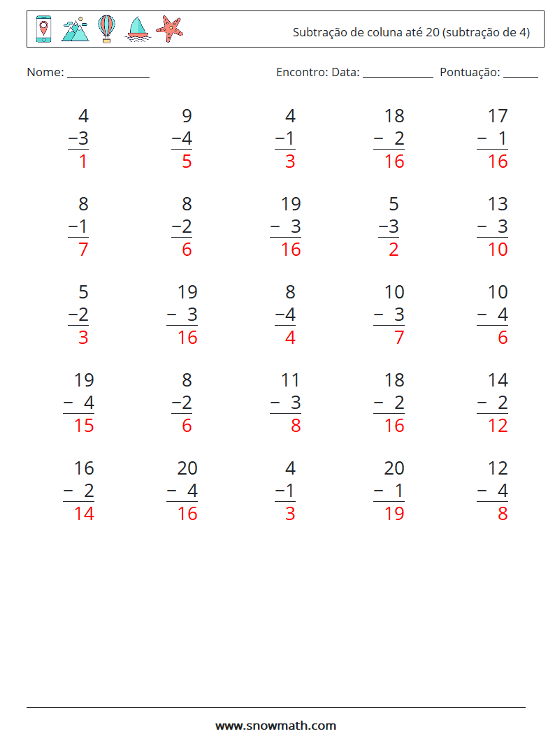 (25) Subtração de coluna até 20 (subtração de 4) planilhas matemáticas 7 Pergunta, Resposta