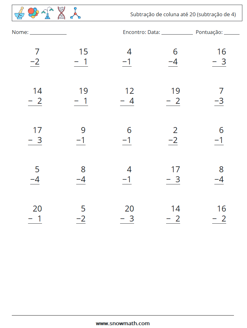 (25) Subtração de coluna até 20 (subtração de 4) planilhas matemáticas 8