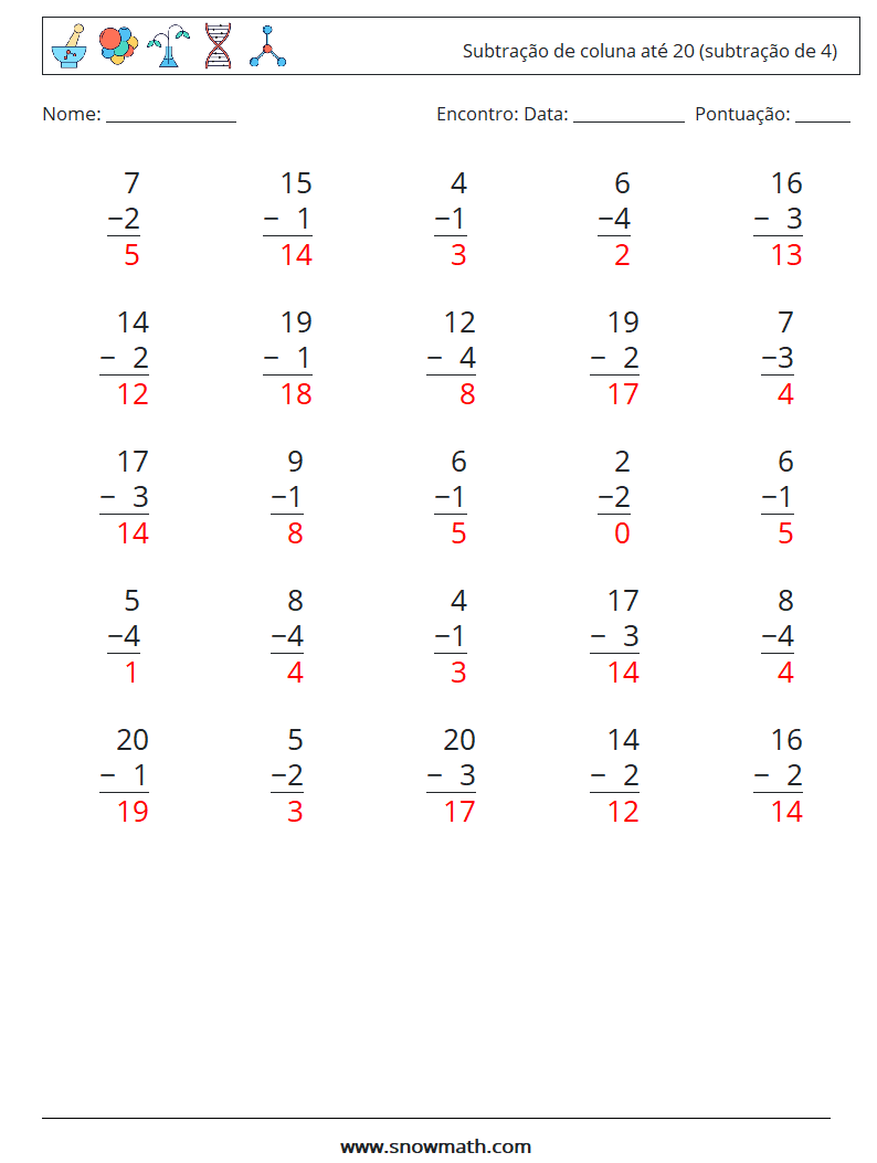 (25) Subtração de coluna até 20 (subtração de 4) planilhas matemáticas 8 Pergunta, Resposta