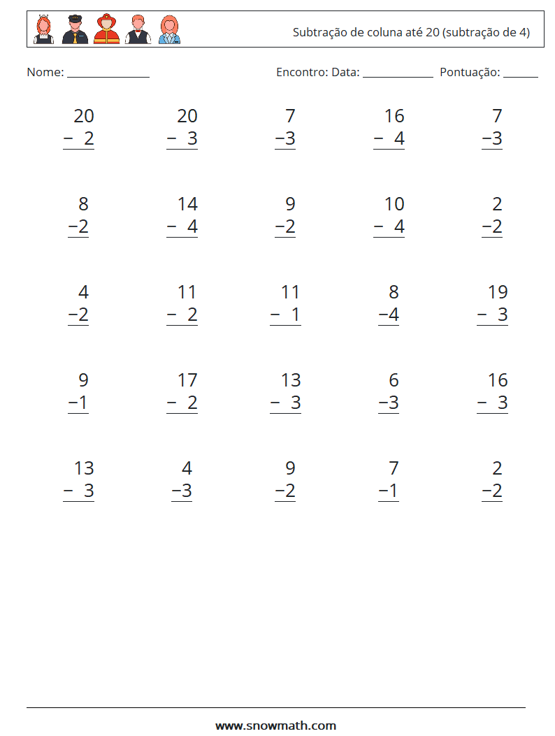 (25) Subtração de coluna até 20 (subtração de 4) planilhas matemáticas 9