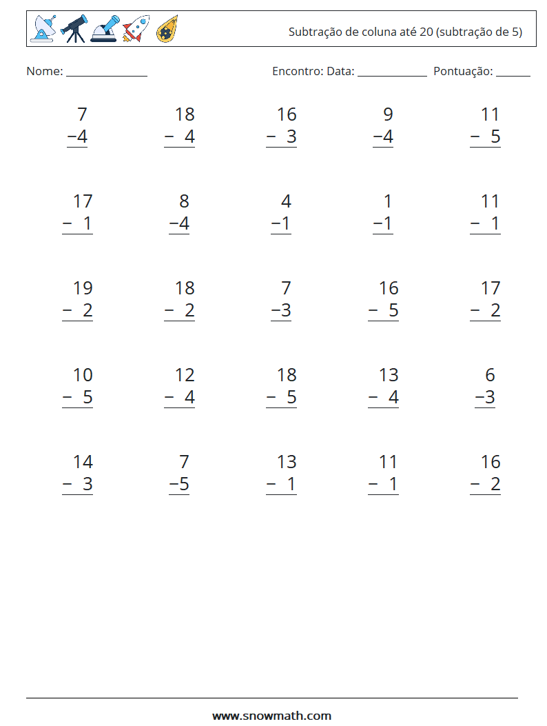 (25) Subtração de coluna até 20 (subtração de 5) planilhas matemáticas 1